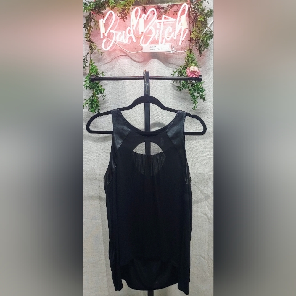 BCBGMaxAzria black high-low leather and mesh detail tank top